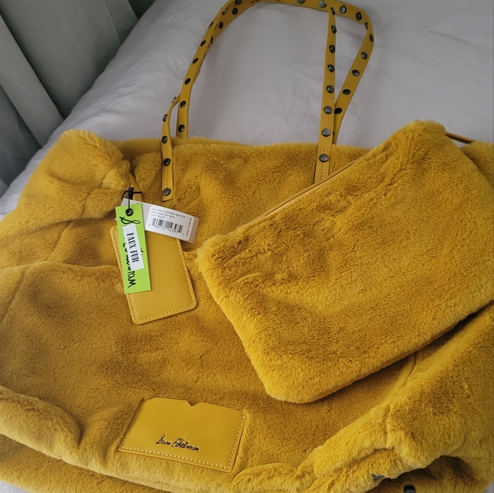 San Edelman Yellow Eleanora Faux Fur Tote Bag